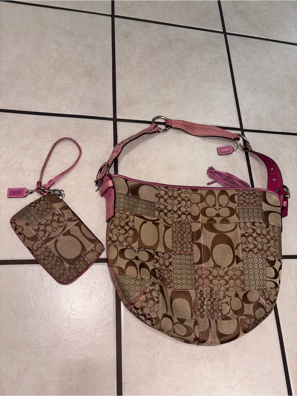 Rare Coach Signature Patchwork Hobo Bag with Pink Trim and Wristlet Set